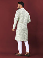 White Wedding Kurta Pajama For Men With Green Thread Lucknowi And Sequence Work