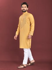 Yellow Color Men's Kurta Pajama Set In Soft Silk With Real Mirror Work On Neck