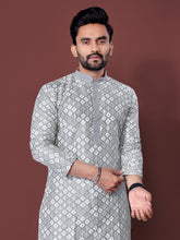 Heavy Work Men's Kurta Pajama In Grey Soft Silk With Sequence Embroidery
