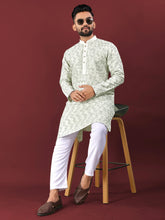 White Wedding Kurta Pajama For Men With Green Thread Lucknowi And Sequence Work
