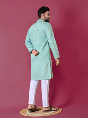 Sky Color Men's Kurta Pajama Set In Roman Silk With Val Moti Hand Work