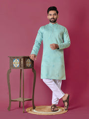 Sky Color Men's Kurta Pajama Set In Roman Silk With Val Moti Hand Work