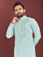 Sky Color Men's Kurta Pajama Set In Soft Silk With Real Mirror Work On Neck