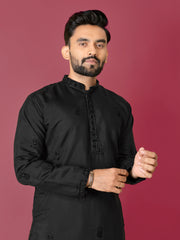 Black Color Men's Kurta Pajama Set In Roman Silk With Val Moti Hand Work
