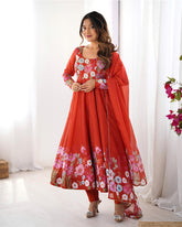 Rust Color Floral Print Organza Three Piece Anarkali Suit