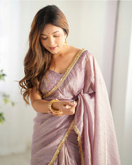 SPECTACULAR LIGHT MAUVE TISSUE SILK PRE STITCHED SAREE WITH BLOUSE