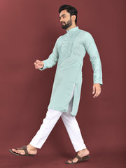 Sky Color Men's Kurta Pajama Set In Soft Silk With Real Mirror Work On Neck