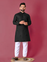 Black Color Men's Kurta Pajama Set In Roman Silk With Val Moti Hand Work