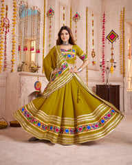WONDERFUL OLIVE GREEN LACE WORK COTTON LEHENGA CHOLI WITH DUPATTA