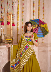 WONDERFUL OLIVE GREEN LACE WORK COTTON LEHENGA CHOLI WITH DUPATTA