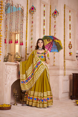 WONDERFUL OLIVE GREEN LACE WORK COTTON LEHENGA CHOLI WITH DUPATTA