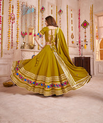 WONDERFUL OLIVE GREEN LACE WORK COTTON LEHENGA CHOLI WITH DUPATTA