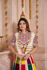 CAPTIVATING WHITE COTTON MIRROR WORK NAVRATRI WEAR LEHENGA CHOLI