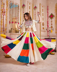 CAPTIVATING WHITE COTTON MIRROR WORK NAVRATRI WEAR LEHENGA CHOLI