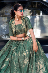 DAZZLING BOTTLE GREEN FLORAL PRINTED SILK CROP TOP LEHENGA WITH JACKET