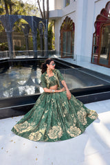 DAZZLING BOTTLE GREEN FLORAL PRINTED SILK CROP TOP LEHENGA WITH JACKET
