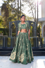DAZZLING BOTTLE GREEN FLORAL PRINTED SILK CROP TOP LEHENGA WITH JACKET