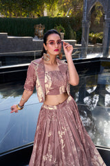 ELEGANT MAUVE FLORAL PRINTED SILK DESIGNER CROP TOP LEHENGA WITH JACKET
