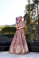 ELEGANT MAUVE FLORAL PRINTED SILK DESIGNER CROP TOP LEHENGA WITH JACKET