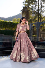 ELEGANT MAUVE FLORAL PRINTED SILK DESIGNER CROP TOP LEHENGA WITH JACKET