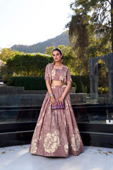 ELEGANT MAUVE FLORAL PRINTED SILK DESIGNER CROP TOP LEHENGA WITH JACKET