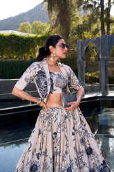 EXCELLENT CREAM PRINTED FESTIVAL WEAR SILK CROP TOP LEHENGA WITH JACKET