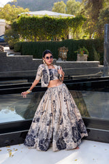 EXCELLENT CREAM PRINTED FESTIVAL WEAR SILK CROP TOP LEHENGA WITH JACKET