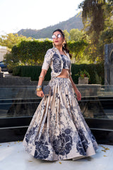 EXCELLENT CREAM PRINTED FESTIVAL WEAR SILK CROP TOP LEHENGA WITH JACKET