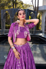 BEAUTIFUL PURPLE PRINTED SILK PARTY WEAR CROP TOP LEHENGA WITH JACKET
