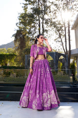BEAUTIFUL PURPLE PRINTED SILK PARTY WEAR CROP TOP LEHENGA WITH JACKET