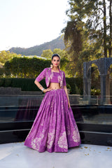 BEAUTIFUL PURPLE PRINTED SILK PARTY WEAR CROP TOP LEHENGA WITH JACKET