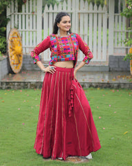 Elegant Maroon Mirror Work Navratri Lehenga With Jacket Style Blouse