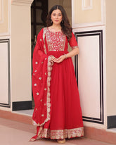 Designer Red Anarkali Gown with Golden Embroidery