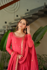 Designer Gown In Red Chinon With Zari Embroidery Sequence Work And Dupatta