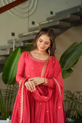 Designer Gown In Red Chinon With Zari Embroidery Sequence Work And Dupatta