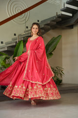 Designer Gown In Red Chinon With Zari Embroidery Sequence Work And Dupatta