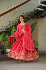 Designer Gown In Red Chinon With Zari Embroidery Sequence Work And Dupatta