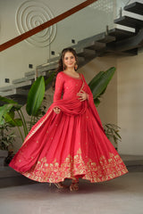 Designer Gown In Red Chinon With Zari Embroidery Sequence Work And Dupatta