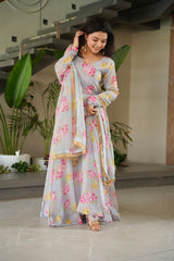 Designer Gown In Georgette With Floral Print And 8 Meter Big Flair