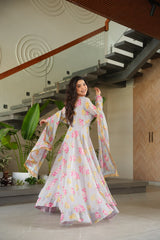 Designer Gown In Georgette With Floral Print And 8 Meter Big Flair