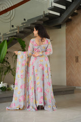 Designer Gown In Georgette With Floral Print And 8 Meter Big Flair