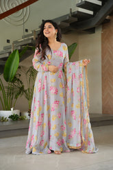 Designer Gown In Georgette With Floral Print And 8 Meter Big Flair