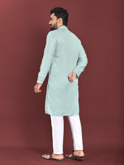 Sky Color Men's Kurta Pajama Set In Soft Silk With Real Mirror Work On Neck