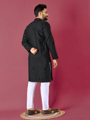 Black Color Men's Kurta Pajama Set In Roman Silk With Val Moti Hand Work