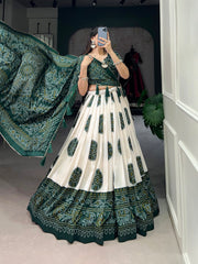 ATTRACTIVE GREEN BANDHANI PRINTED TUSSAR SILK FESTIVAL WEAR LEHENGA CHOLI