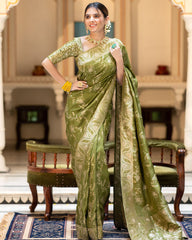 NEMESIS MEHNDI SOFT SILK SAREE WITH SERENDIPITY BLOUSE PIECE