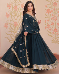 Designer Rama Blue Anarkali Gown with Golden Embroidery