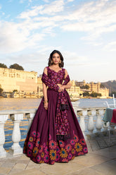 Wine Color Floral Print With Foil Work Tussar Silk Lehenga Choli