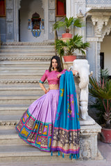 Lavender Color Tussar Silk Kalamkari Printed Lehenga Choli