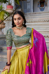 Mustard Color Tussar Silk Kalamkari Printed Lehenga Choli